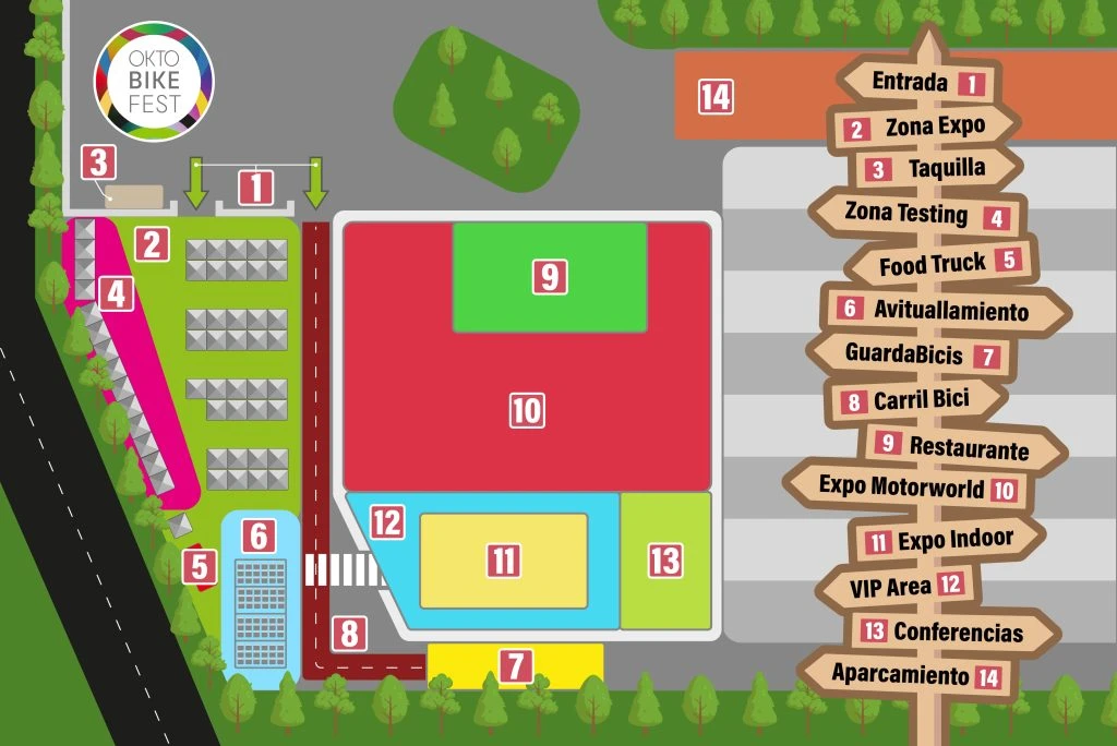 Oktobikefest site plan — entrance, expo zones, testing area, food trucks, restaurant, VIP area and parking