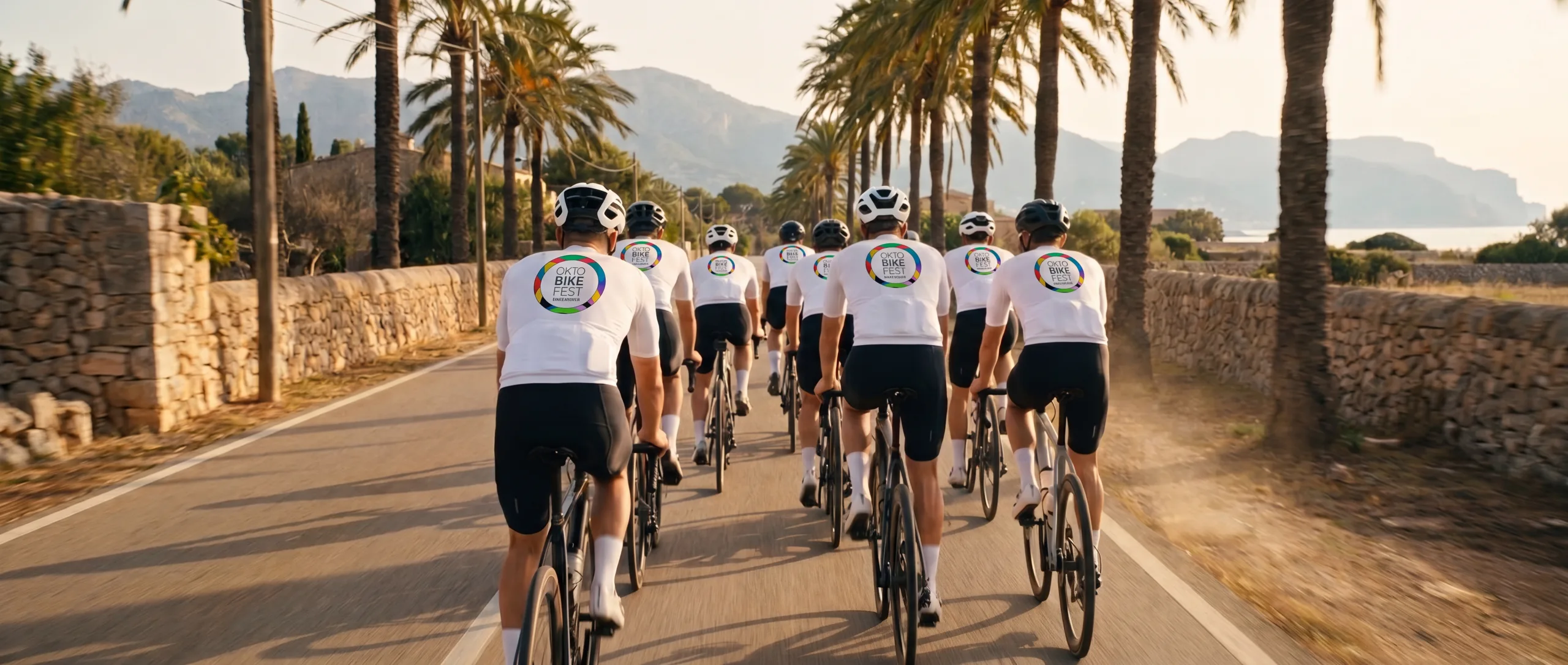 A pack of cyclists in Oktobikefest jerseys riding away down a palm-lined Mallorca road