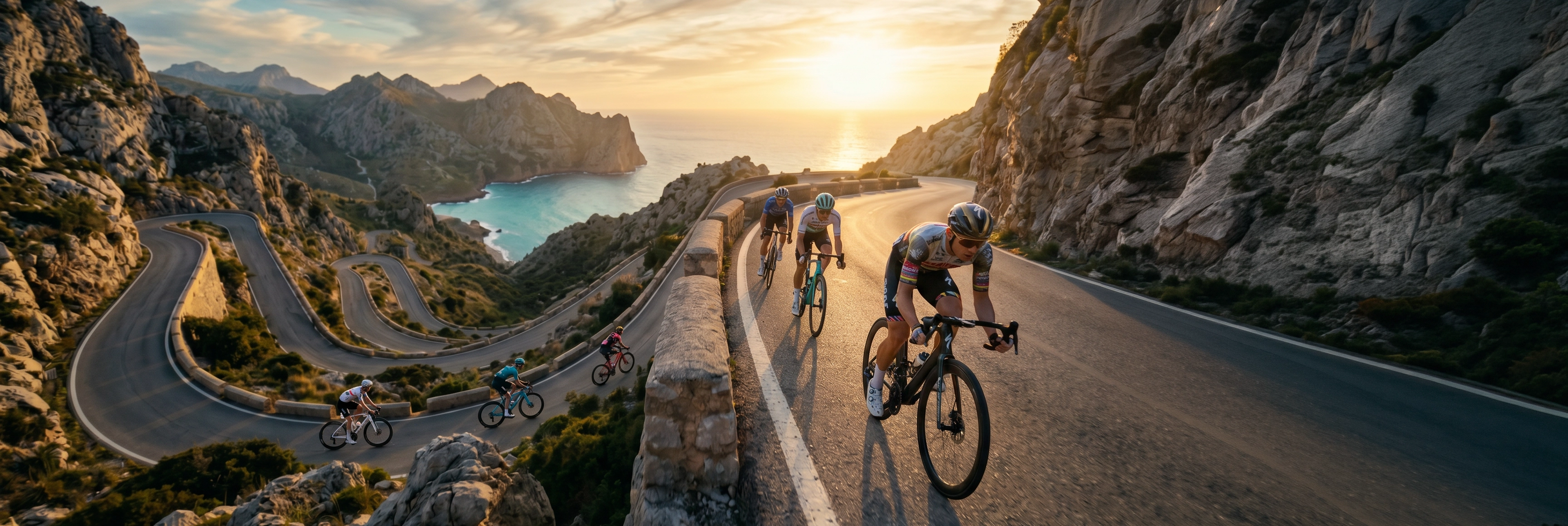 A team of road cyclists climbing a winding coastal serpentine road in Mallorca at golden sunset