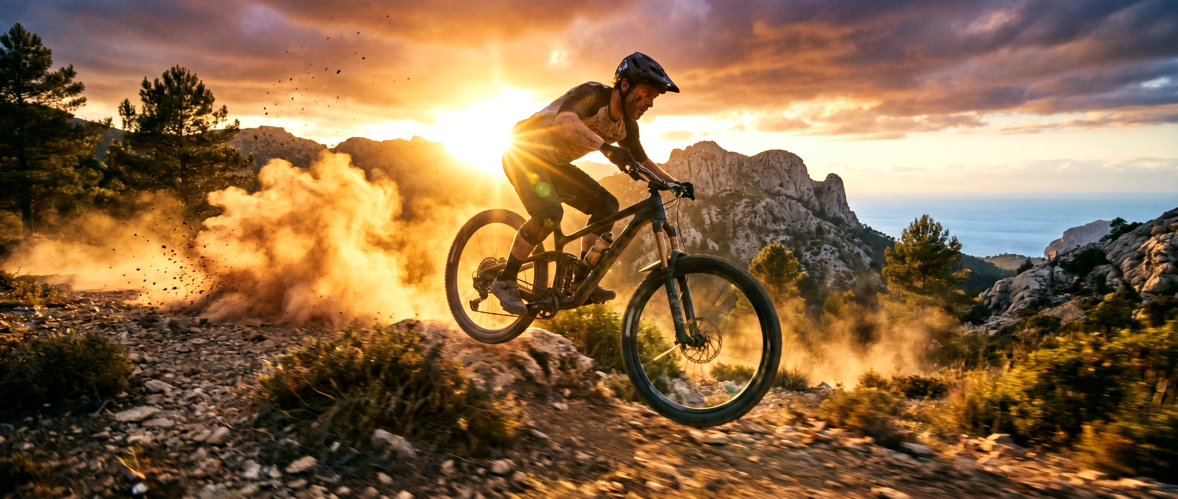 Mountain biker launching off a rocky trail at sunset in the Serra de Tramuntana, Mallorca